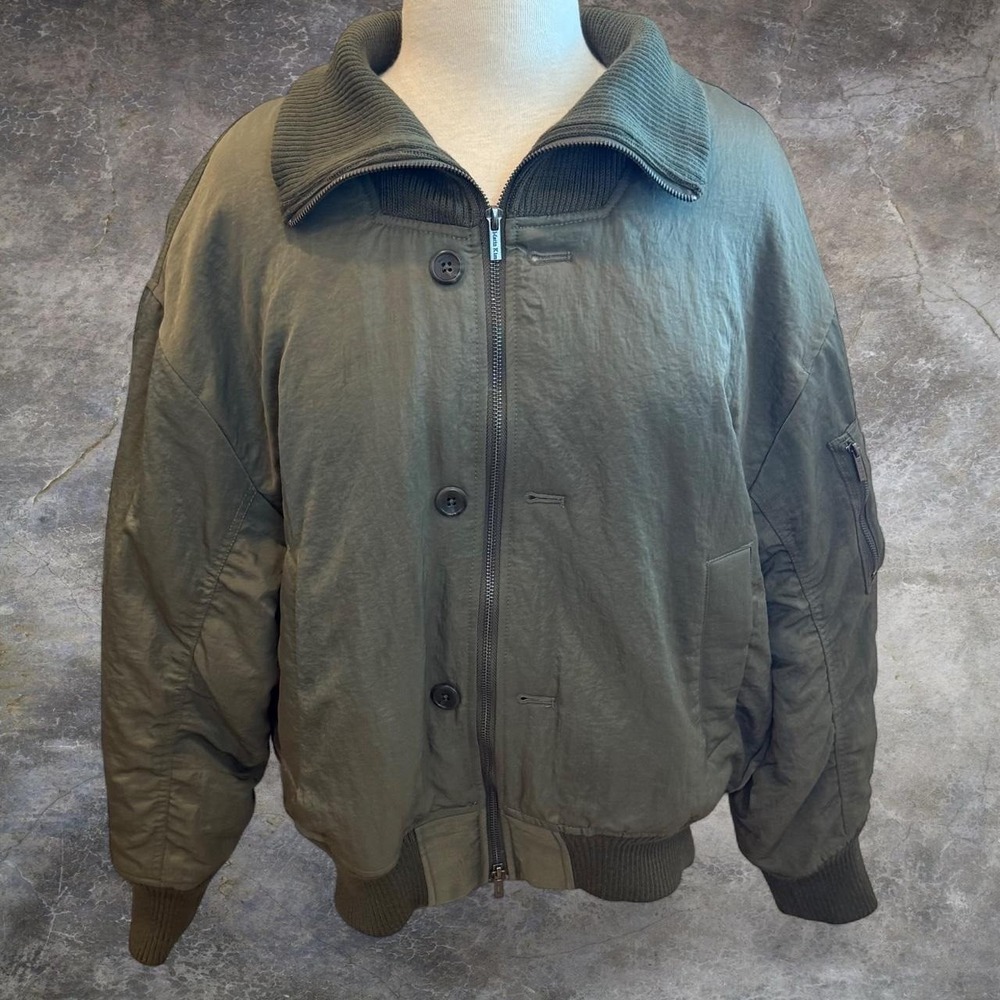 Matin Kim High Neck Button Zipper Army Green Cropped Bomber Jacket Women's Small